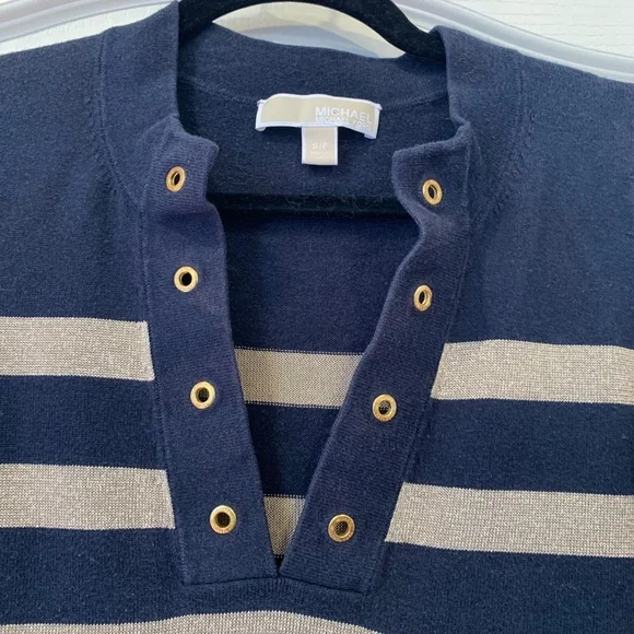 Michael Michael Kors Navy & Gold Striped Knit Top (S) | Grommet V-Neck Detail | - Picture 4 of 7